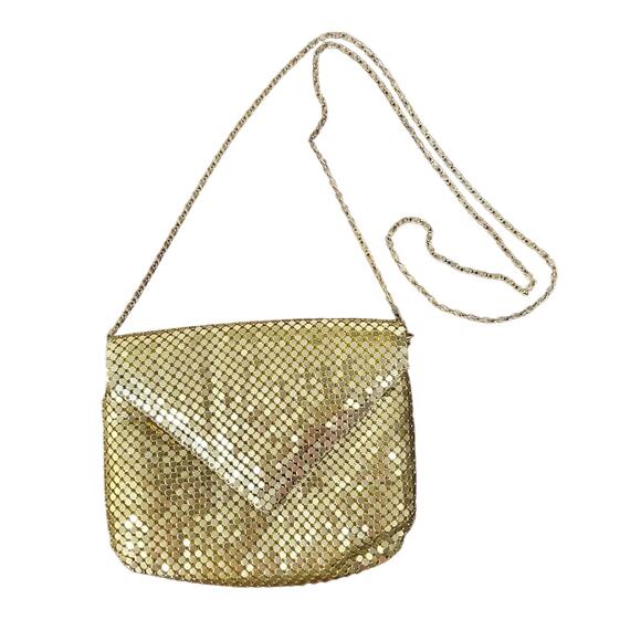 Vintage Gold Metal Mesh Shoulder Bag Chain Strap Flap Wedding Glam Holiday Party - Picture 1 of 12